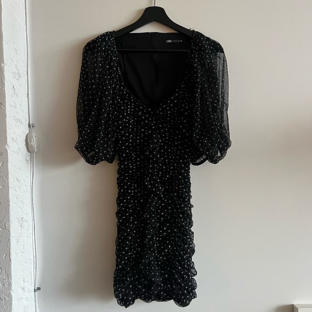 Zara polka dot dress with sheer sleeve